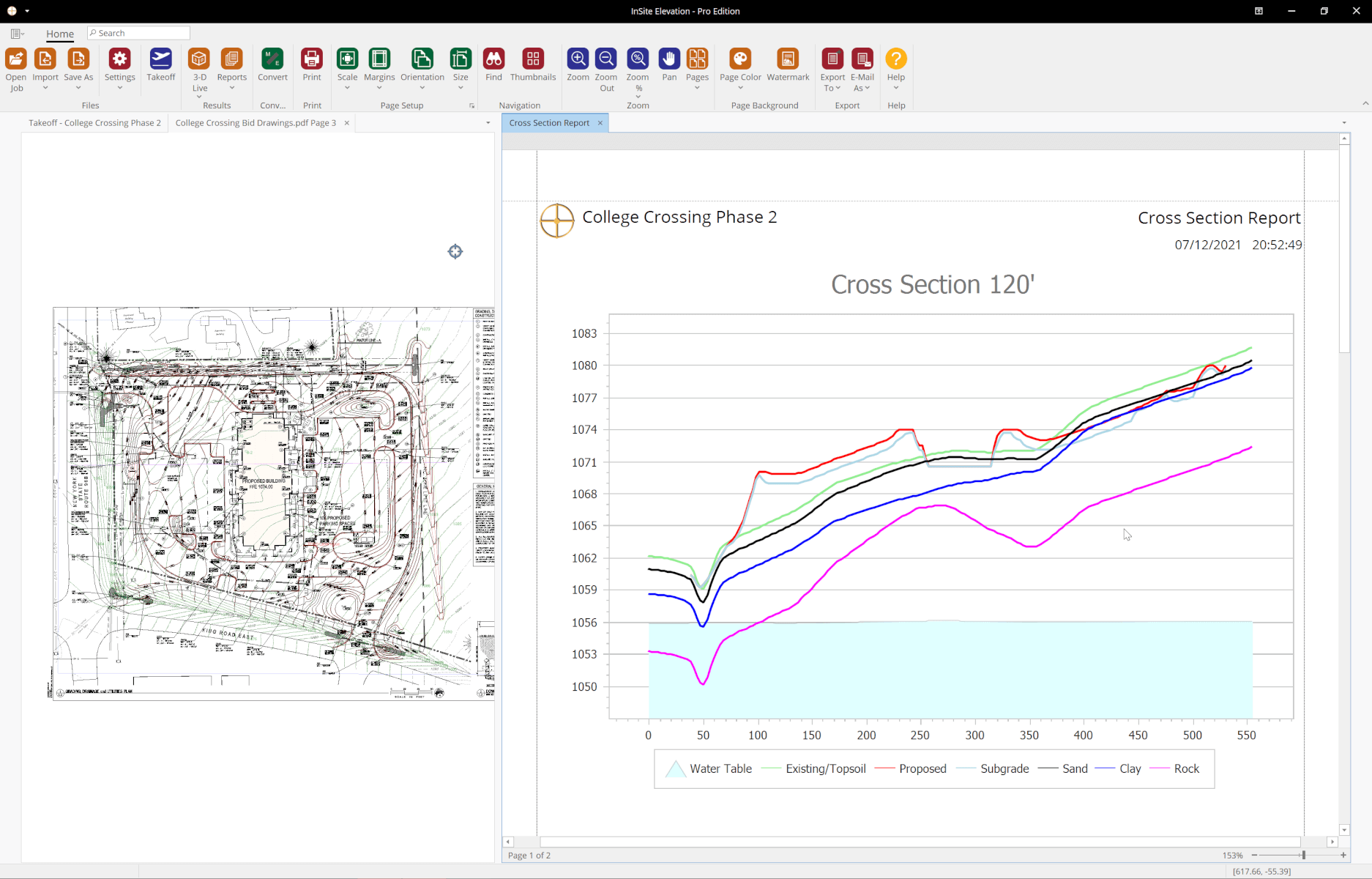 Cross Sections with Water Table Highlighted Elevation Pro