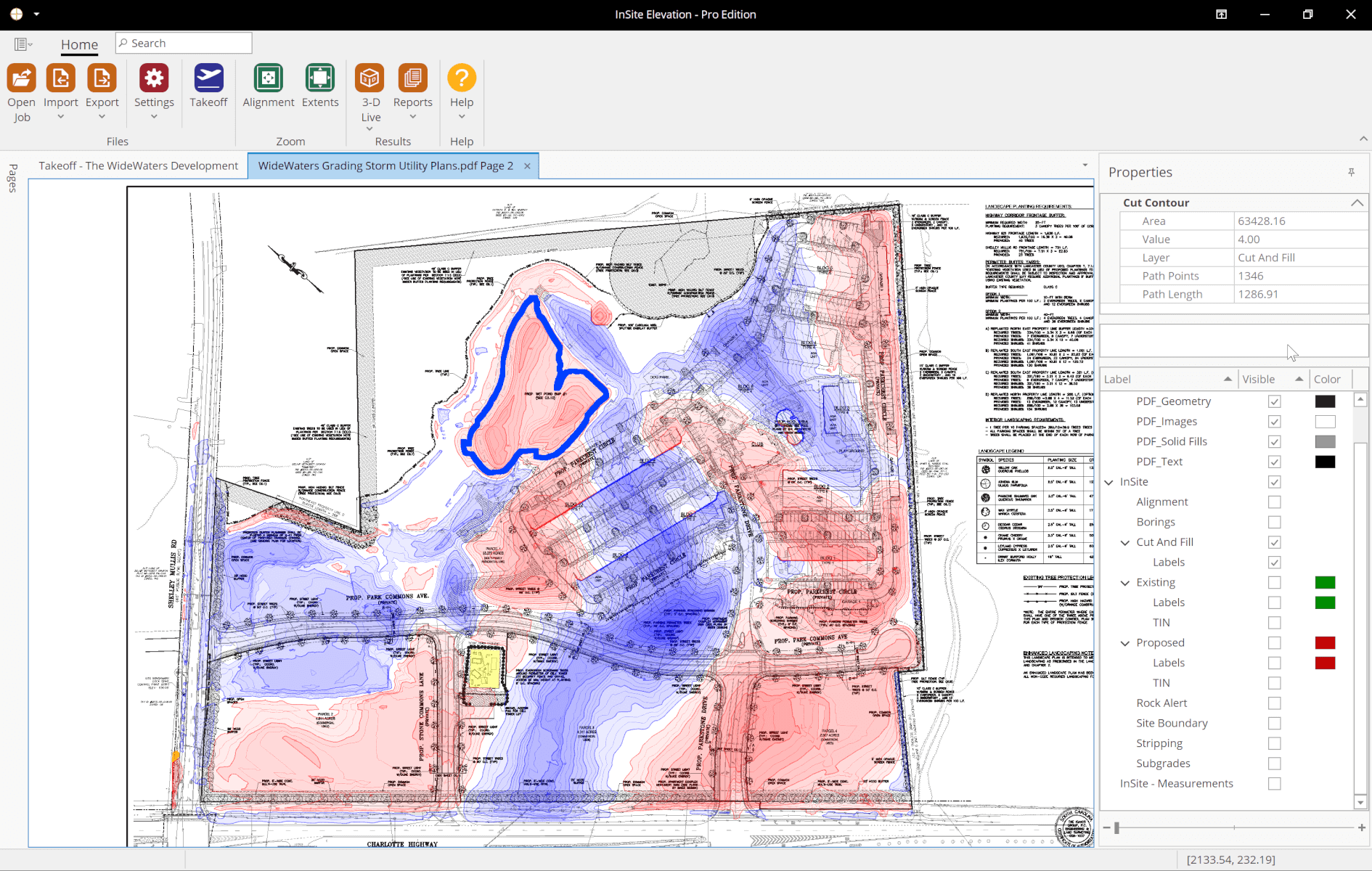 Example of InSite Elevation Pro's Contour Cut and Fill Map