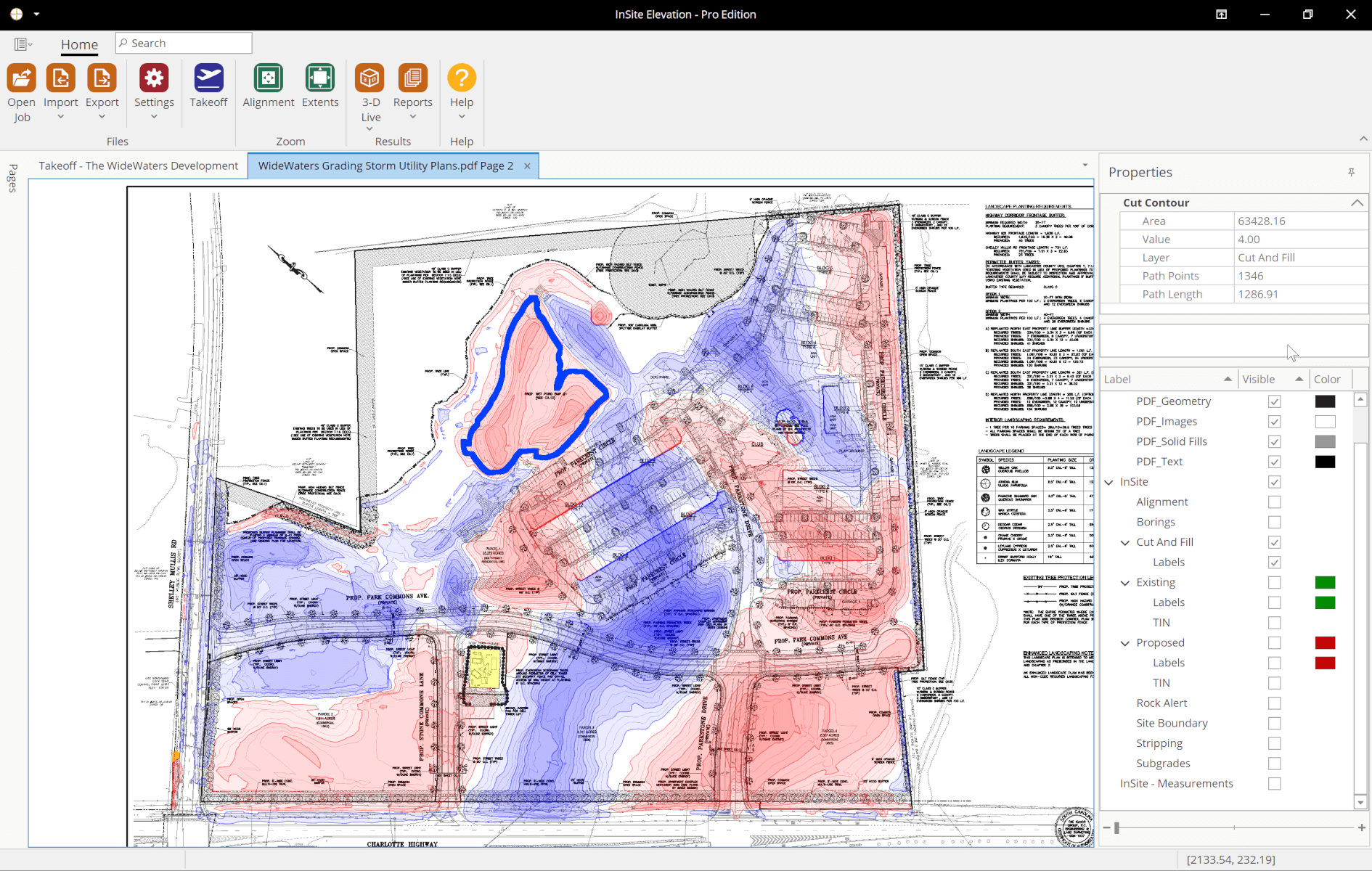 Earthwork Takeoff-Example InSite Elevation Pro's Contour Cut and Fill Map