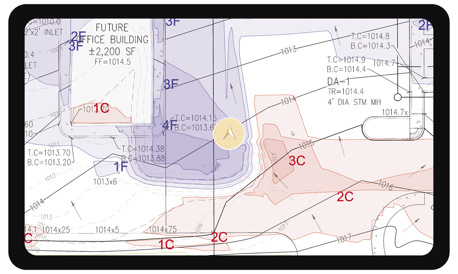 Earthwork Takeoff-KMZ file viewed in a tablet using InSite Elevation Pro