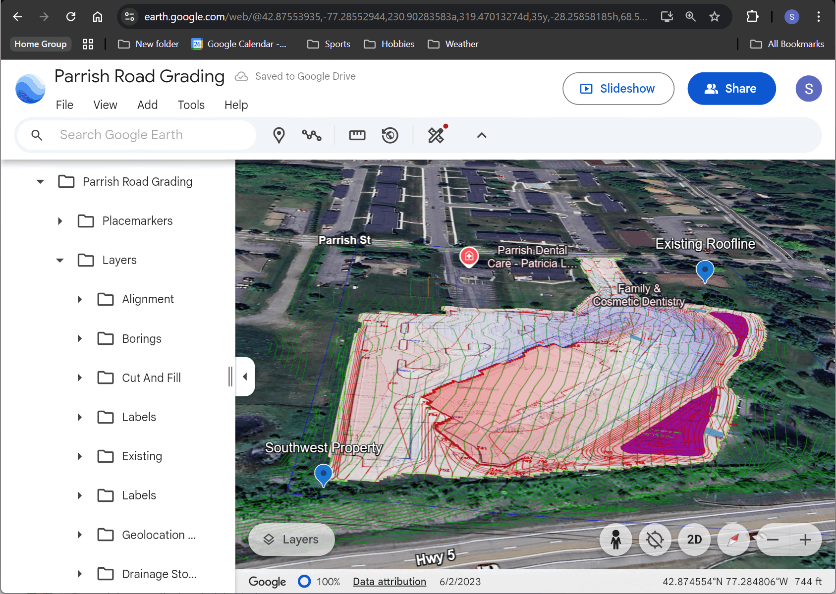 Site job exported onto Google Earth using Elevation Pro KMZ Export